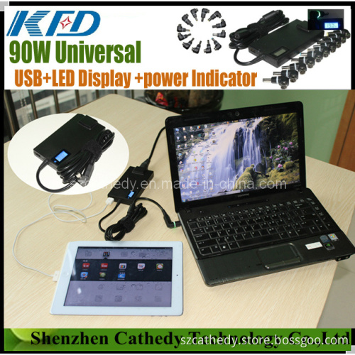 90W Universal Adapter Charger with 5V 2A USB LCD Display and Power Indicator